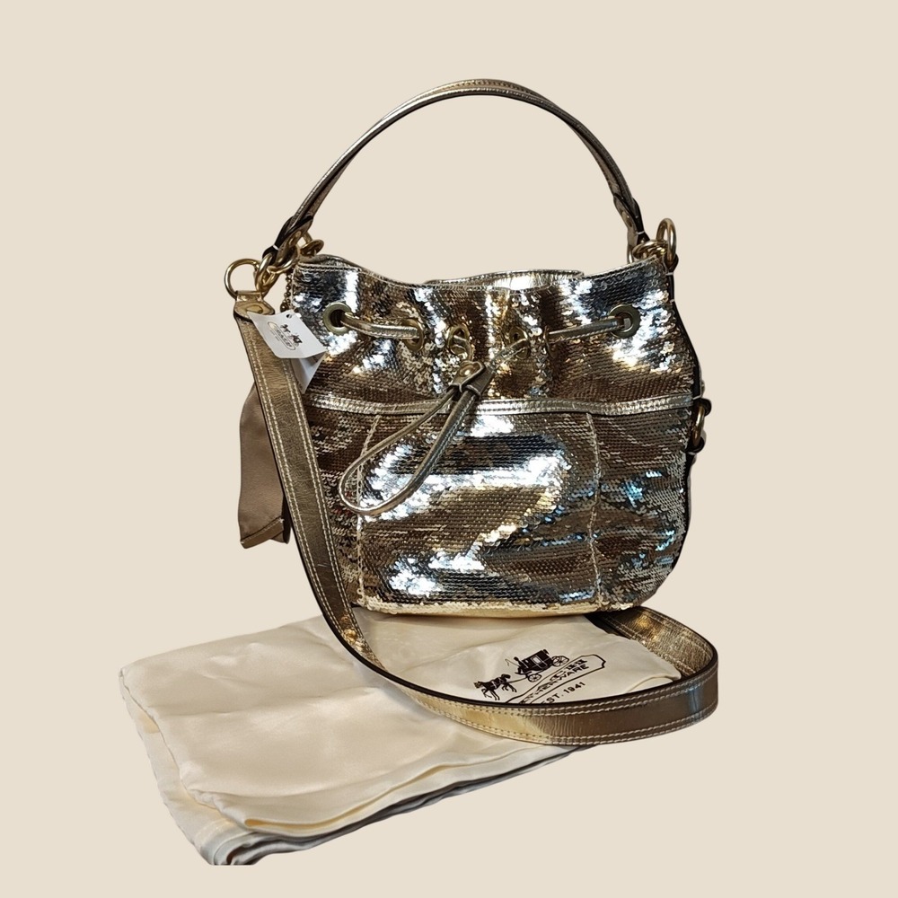 Coach Poppy Sequin Cinch Bag Crossbody Gold Metallic Drawstring 17906